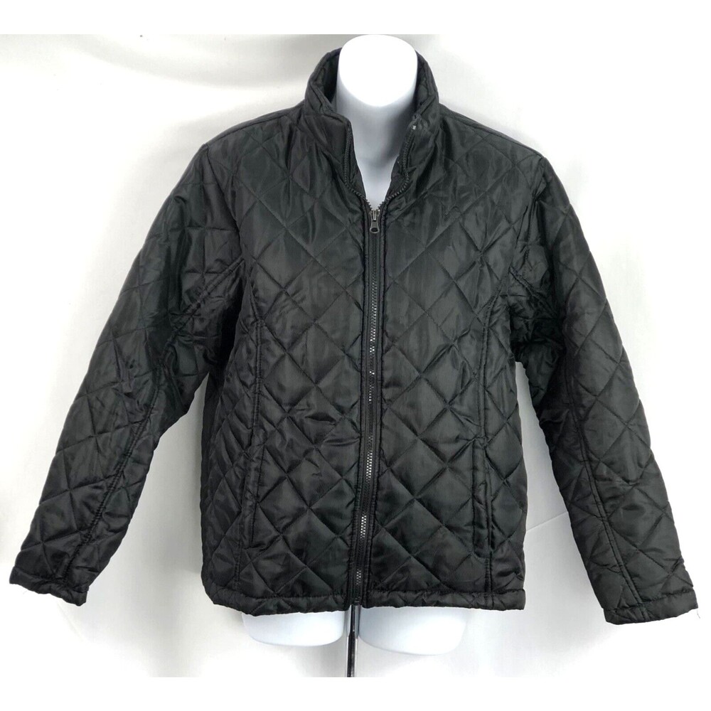 vertical 9 quilted jacket L Black zip front mock convertible collar pockets